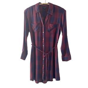 TINSEL Burgundy Purple V Neck Button Front Roll Tab Sleeve Shirt Dress M